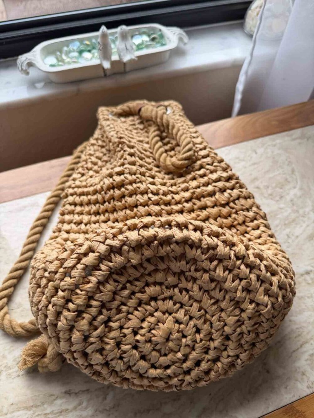 ZARA Woven Paper Raffia Backpack Bucket Bag Rope Drawstring Boho Beach Tan - Picture 6 of 16